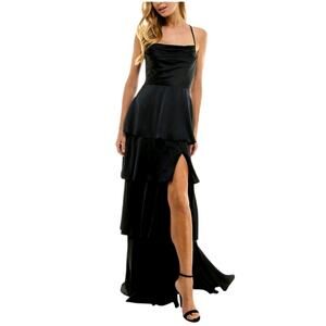 City Studios Black Tiered Gown Juniors 13/14 NWT Slit Formal Maxi Dress